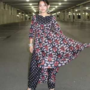 Black-Cut printed Anarkali Set with dupatta