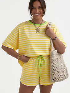 Women's Summer 2 Piece Striped Short Set - Oversized Loose Fit Short Sleeve T-Shirt and High Waisted Drawstring Shorts Casual Lounge Matching Outfit, Yellow Stripe