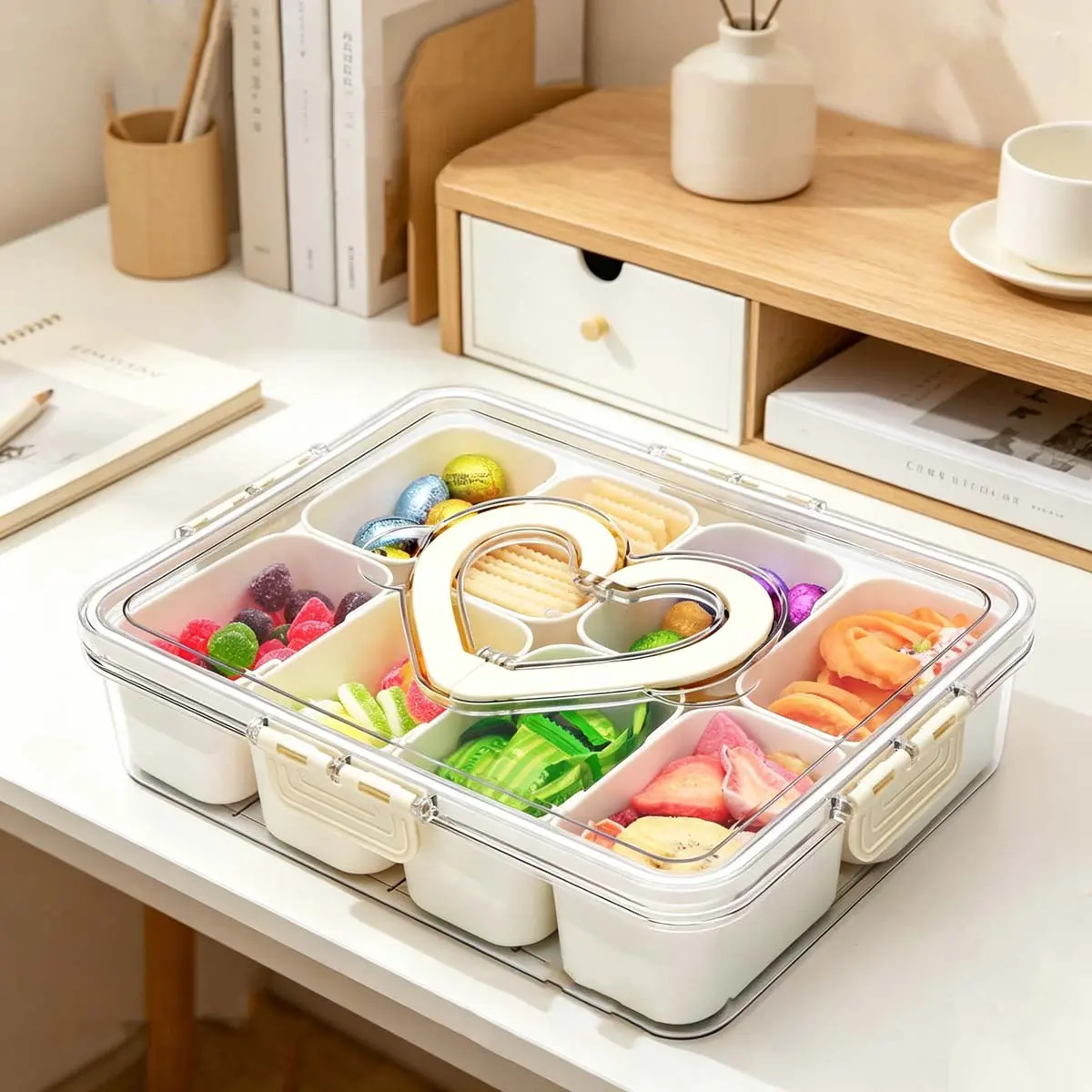 Snack Box Container with Removable Compartments, Airtight Candy and Nut Serving Platter with Lid and Heart Handle, Portable Fruit Veggie Tray for Party Picnic Camping, BPA-Free Clear Food Storage Organizer