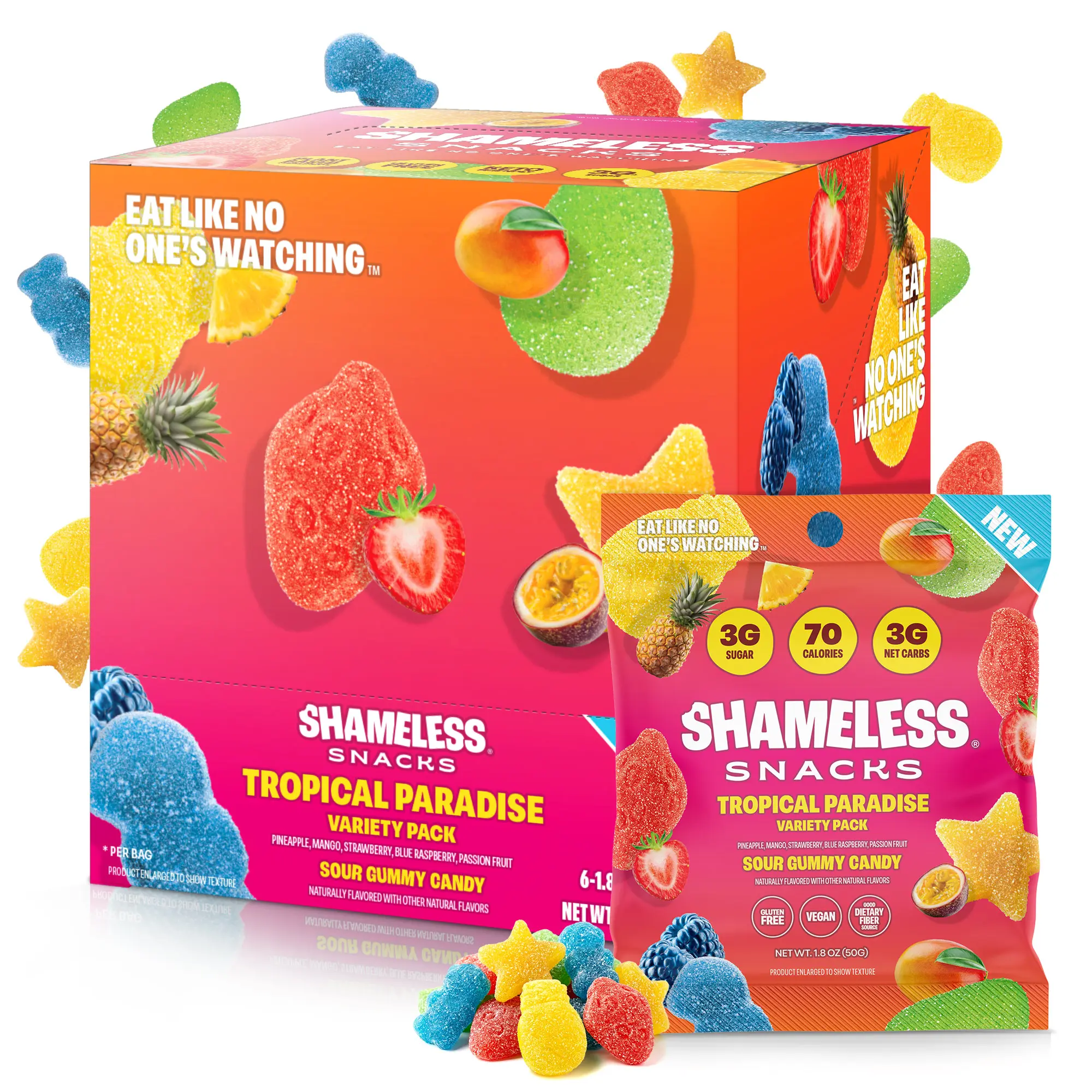 Shameless Snacks Tropical Paradise Fruity Gummies Variety Pack - Keto-Friendly, Vegan, Low Sugar, Erythritol-Sweetened, Natural, Real Fruit, Halal, Guilt Free Snacks, Healthier Choice, Good Source of Fiber, 29g, 3g Net Carbs per Bag, High Fiber