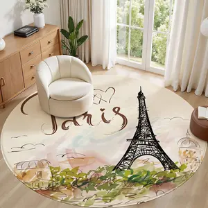 Eiffel Tower Pattern Round Rug 3.3ft, Washable Bedroom Mat, Soft Living Room Carpet, Non-Slip Entryway Rug, Kitchen Office Dorm Restaurant