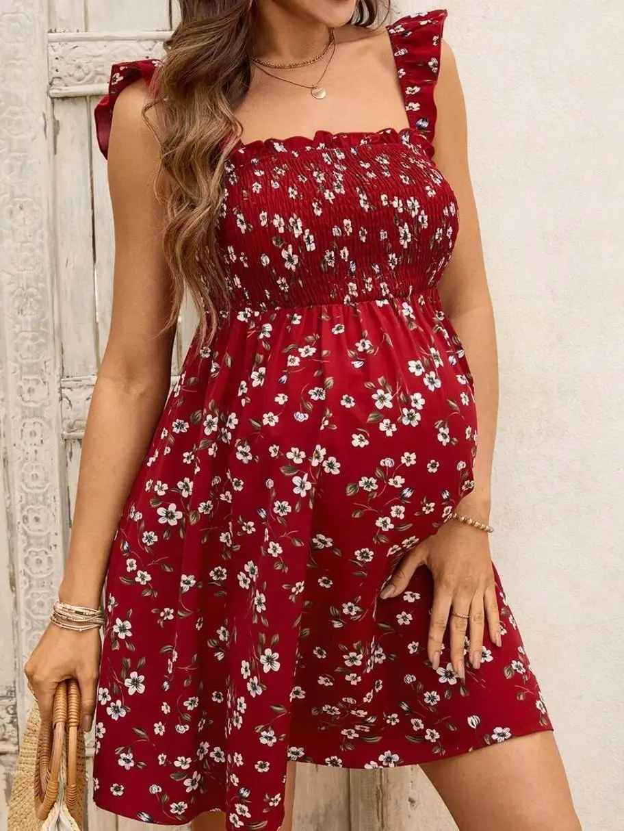 Maternity Floral Dress - Ruffled Short Cap Sleeve Holiday Dress for Women