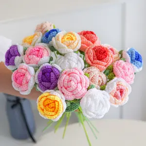 Handmade Knitted Wool Rose Bouquet - Premium Artificial Yarn Flowers, Hand-Crocheted Fake Floral Arrangement for Valentine's Day, Mother's Day, Wedding & Home Decor (Assorted Colors)