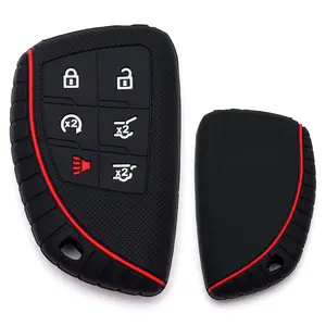 iJDMTOY Black Soft Silicone Key Fob Cover w/ Sports Red Stripe For 2021-up Chevrolet Suburban/Tahoe, GMC Yukon 6-Button Smart Key
