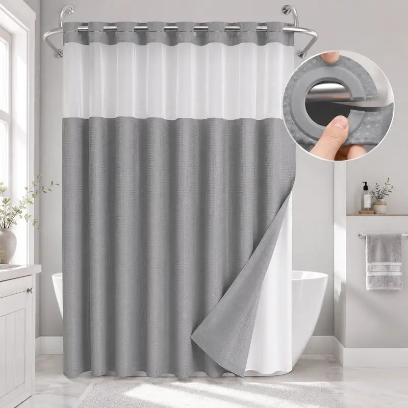 No Hook Waffle Pattern Shower Curtain, 1 Count Modern Simple Bathroom Curtain with Snap in Liner Set, Shower Curtain Liner, Bathroom Decor, Size Adaptability Bathroom Accessories for Hotel Salon Room Home Decor
