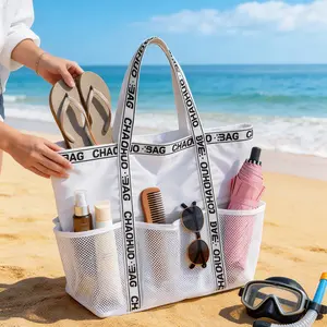 Ultra-large capacity multifunctional mesh tote bag; American retro letter woven strap, multi pockets; versatile mesh shoulder tote for commuting; lightweight shopping bag for outings; lightweight underarm bag for everyday travel.