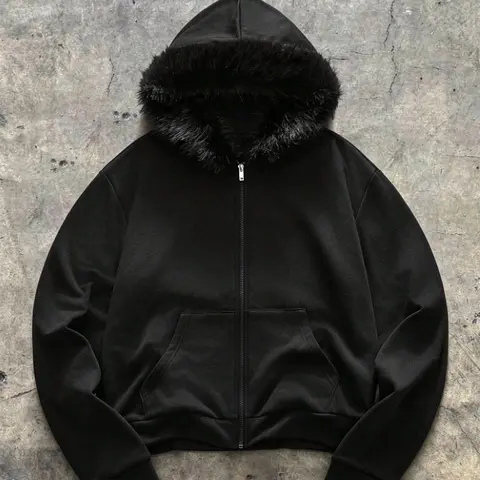 2026 New Men's Stylish Loose Fitting Hoodie Unisex Drop Shoulder Zip Up, Faux Fur Collar, Heavyweight Thick Polyester, Fashion Streetwear Casual Wear Long Sleeve Sweatshirt, Black