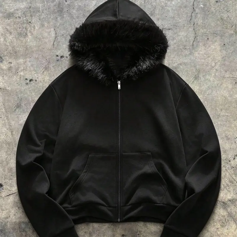 2026 New Men's Stylish Loose Fitting Hoodie Unisex Drop Shoulder Zip Up, Faux Fur Collar, Heavyweight Thick Polyester, Fashion Streetwear Casual Wear Long Sleeve Sweatshirt, Black