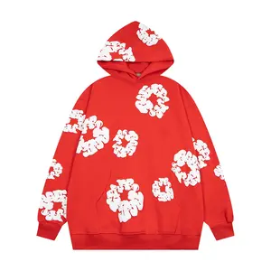 Men's Flower Puff Print Hoodie - Oversized Sweatshirt Jacket, Black, Long Sleeve, Round Neck, Casual Human Operator, Unisex Design Menswear Tops Pullover