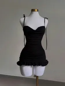 This Ruched Bodycon Dress is Night Out Clubwear Glam Adjustable Tie Strap Ruffle Hem Mini Dress