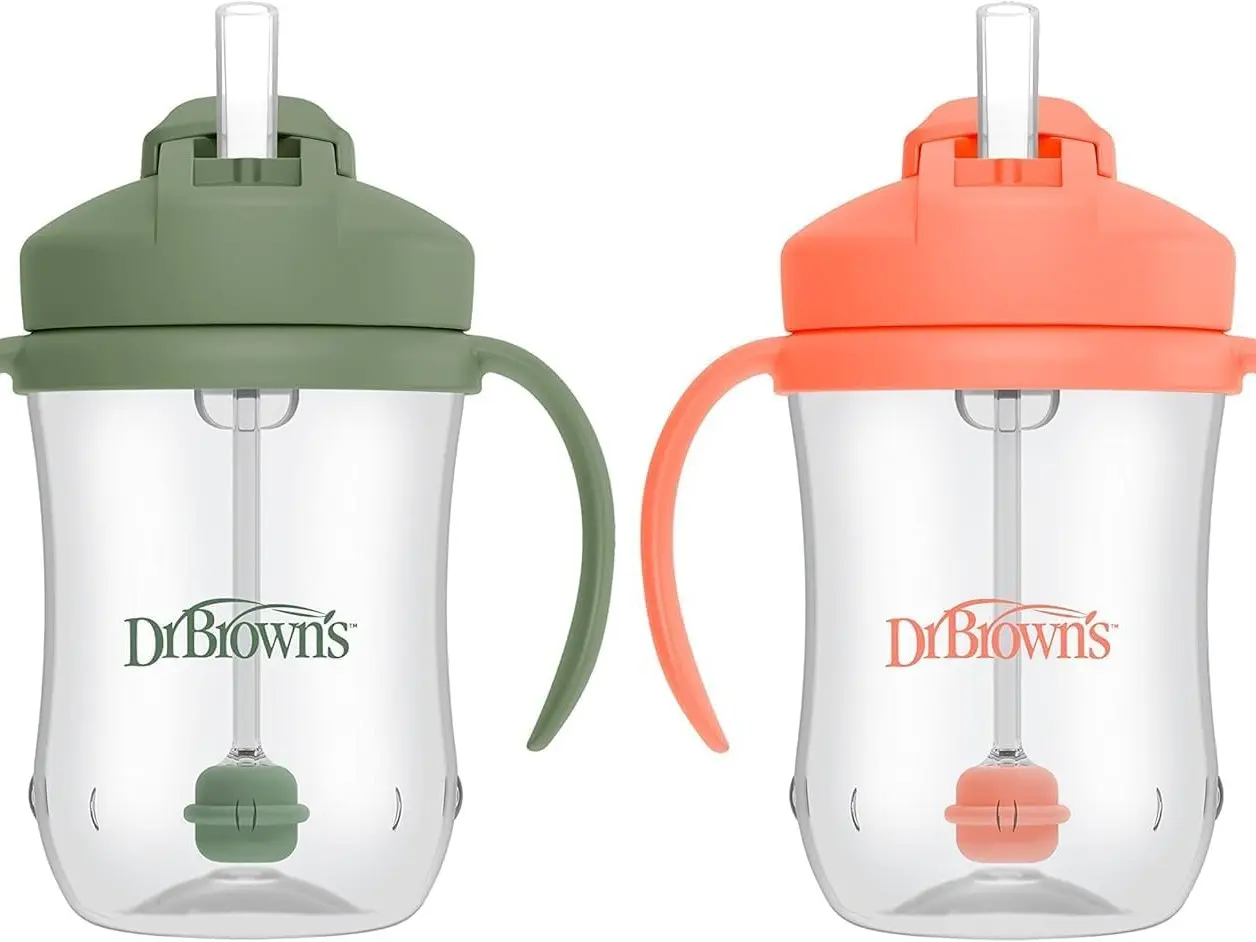 Milestones Baby's First Straw Cup, Training Cup with Weighted Straw, 9 oz/270 mL, BPA-free, 6m+, Coral/Olive Green, 2-Pack