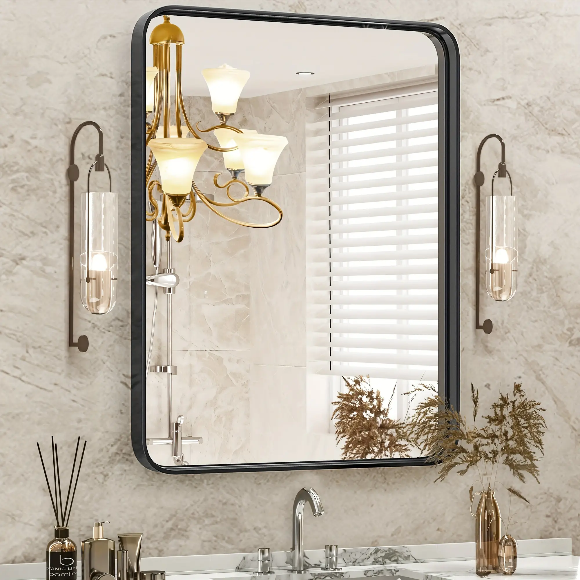 New 1pc Bathroom Vanity Mirror Full Length Mirror With Matte Metal Frame & Tempered Glass Rounded Corner Design With Multiple Hanging Options Ideal Home Supplies