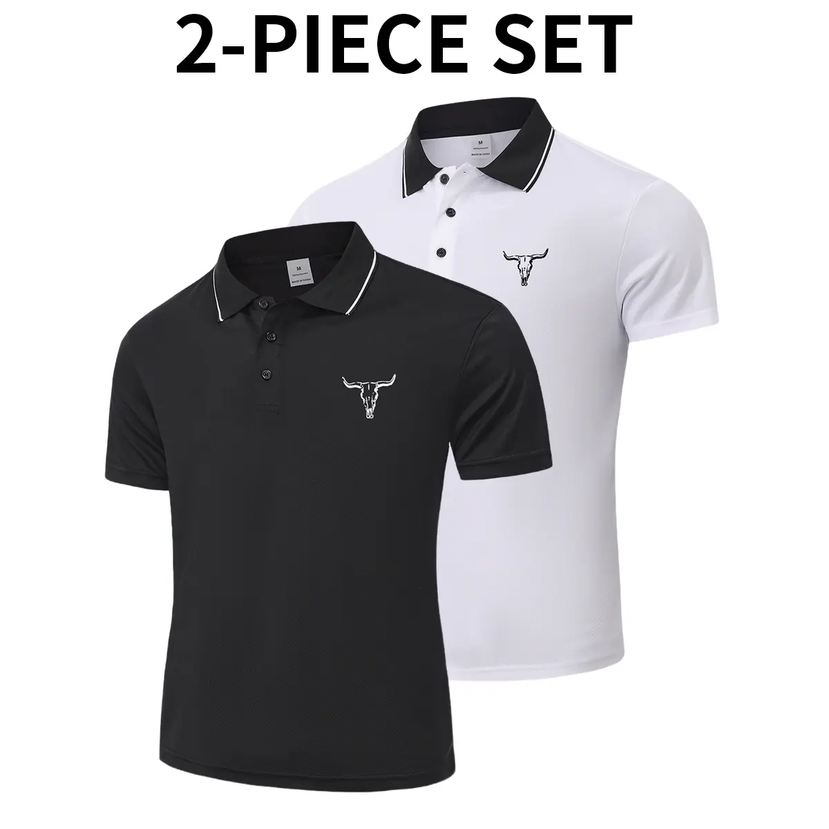 2PCS Men’s Golf Polo Shirt Set, stylish logo print, slim fit trendy casual geometric pattern, breathable stretchy fabric, comfortable for all seasons, stand collar polo shirt