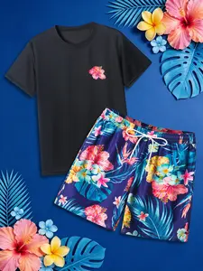 Men's Summer Sporty Set, Tropical Hibiscus Print, T-Shirt & Floral Shorts, Adjustable Waist, Ideal for Outdoor Activities