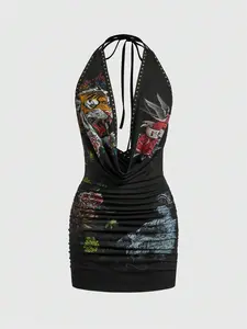 LUNESSIA Fashion Spring/Summer Sexy Millennium Babe Print Plunging Neckline Studded Halter Tie Mini Dress For Women