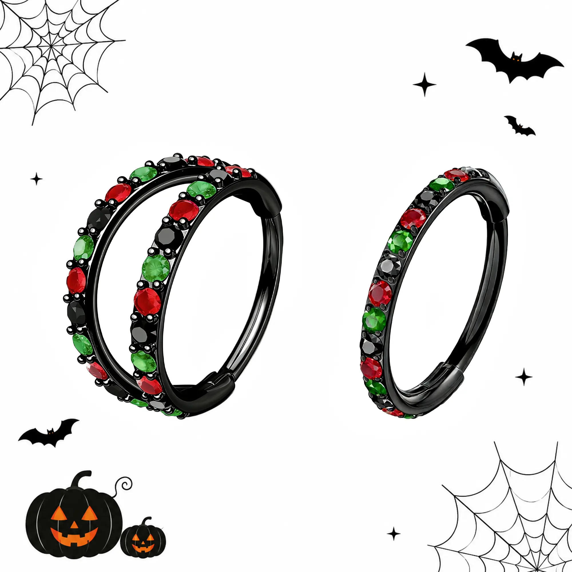 Oufer Halloween 20G Stainless Steel Nose Rings for Women, Black, Red and Green Rhinestone CZ Nose Ring