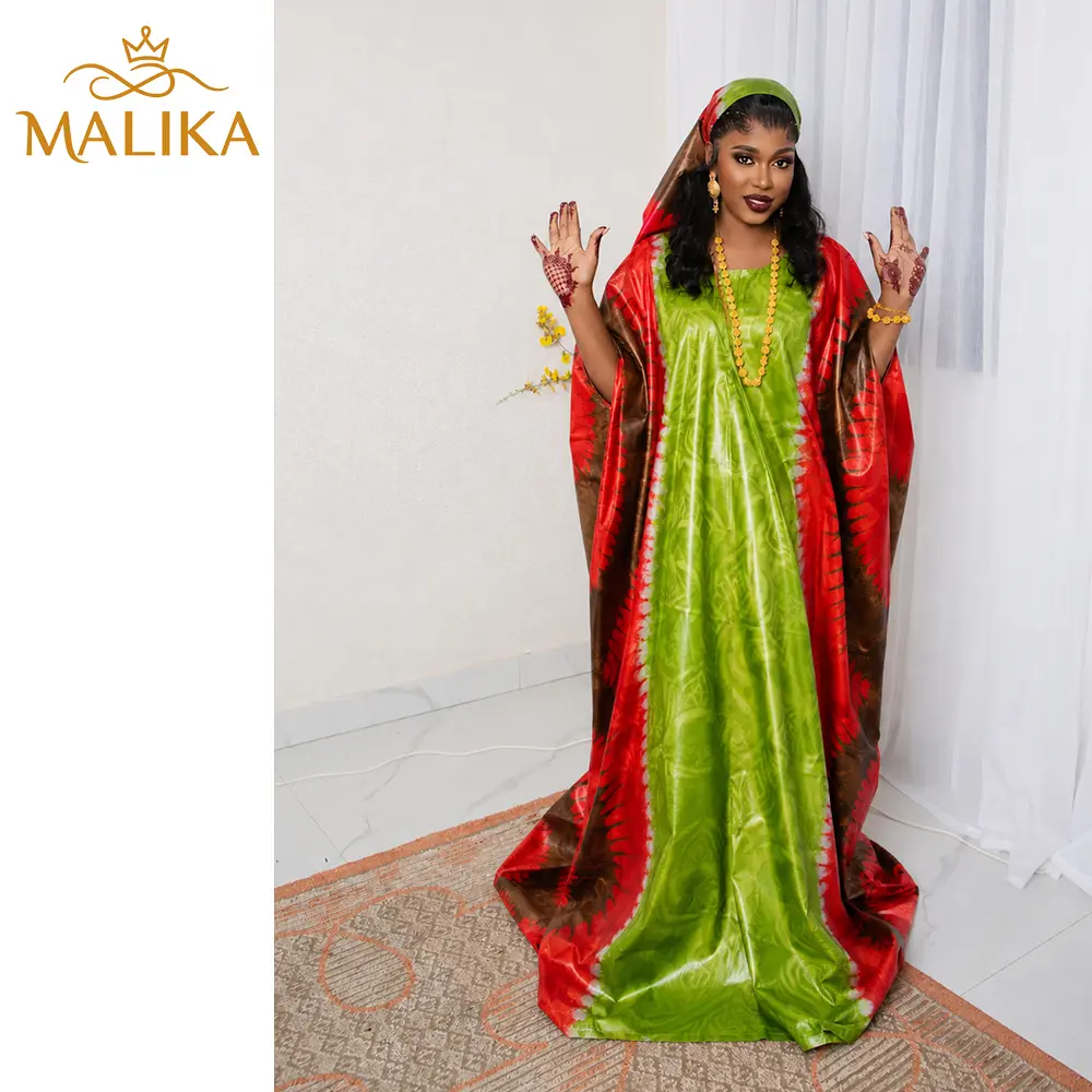 Women's African Traditional Jacquard Bazin Riche Print Wedding Boubou Gown - Cowl Neck, Batwing Sleeves, Included Scarf, Lady, Classic