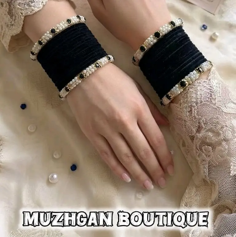 Premium Velvet Bangle Set with Pearls and Stone Work