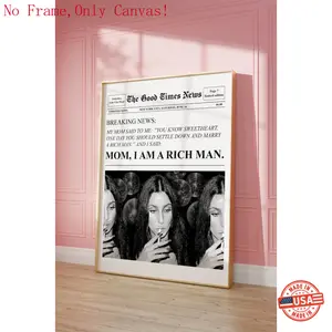 "Mom I Am A Rich Man" Monochrome Cher Frameless Poster, Trendy Newspaper & Retro Magazine-Style Wall Art for Bedroom, Study & Living Room