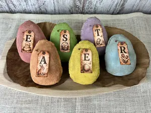 Primitive Easter Bowl Fillers – Set of 6 Pastel Stuffed Fabric Eggs w/ Vintage Hang Tags Spelling EASTER