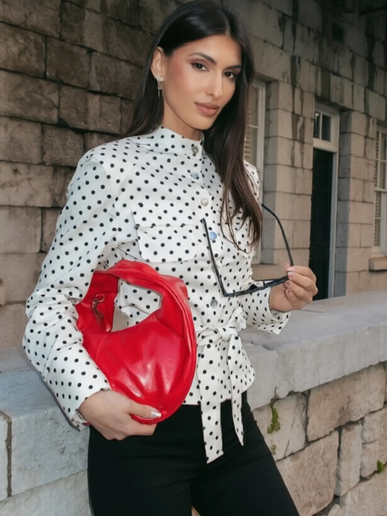 Polka Dot Jacket Women Button Long Sleeve Women's Cropped Spring Jacket Fitted Shirt Style Jackets Elegant Woman Top Streetwear Tied Belt Jackets For Women Chic Outerwear White Black Jacket Fashion Fitted Outerwear