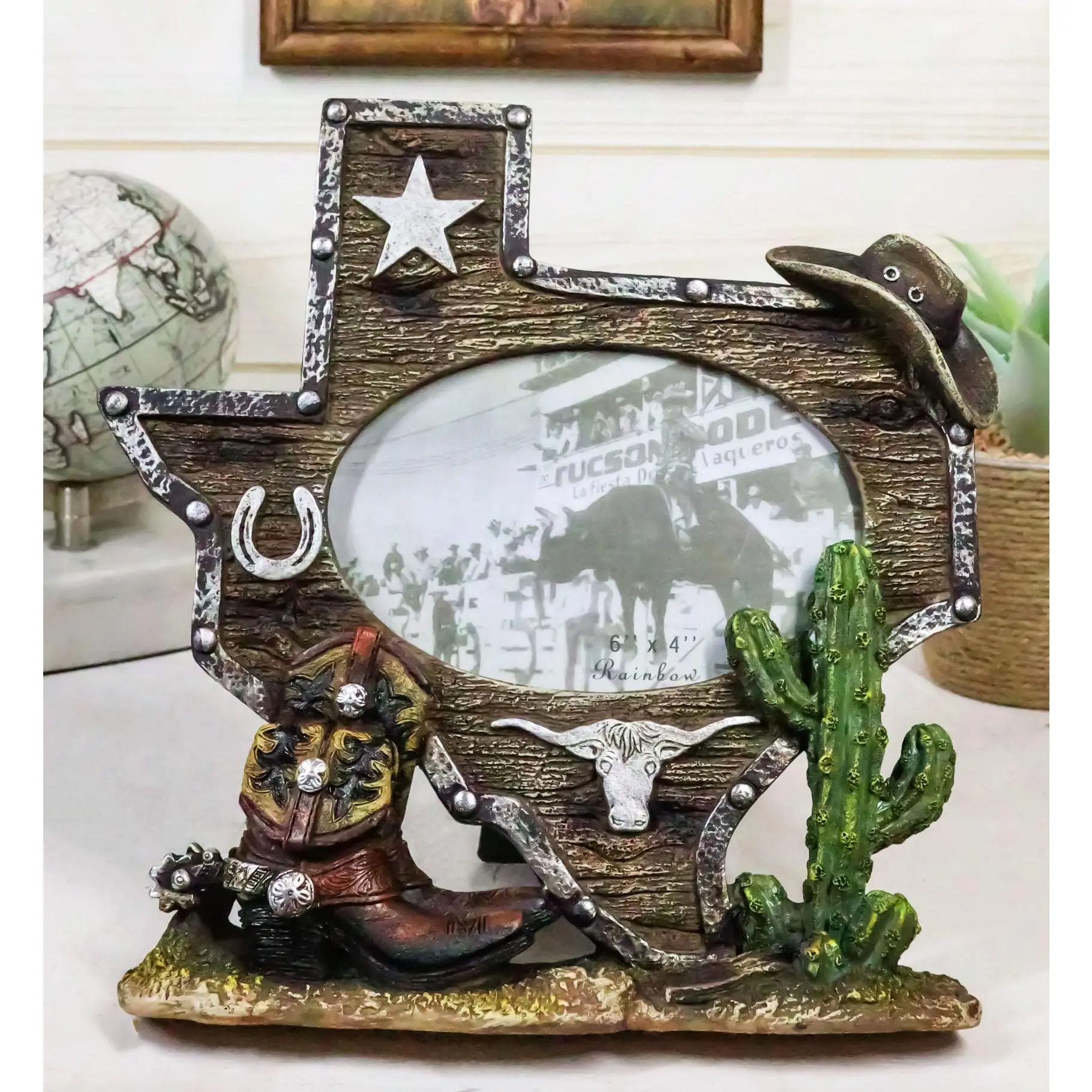 Rustic Western Texas State Map Cowboy Boot Longhorn Cactus Picture Frame 4"X6"
