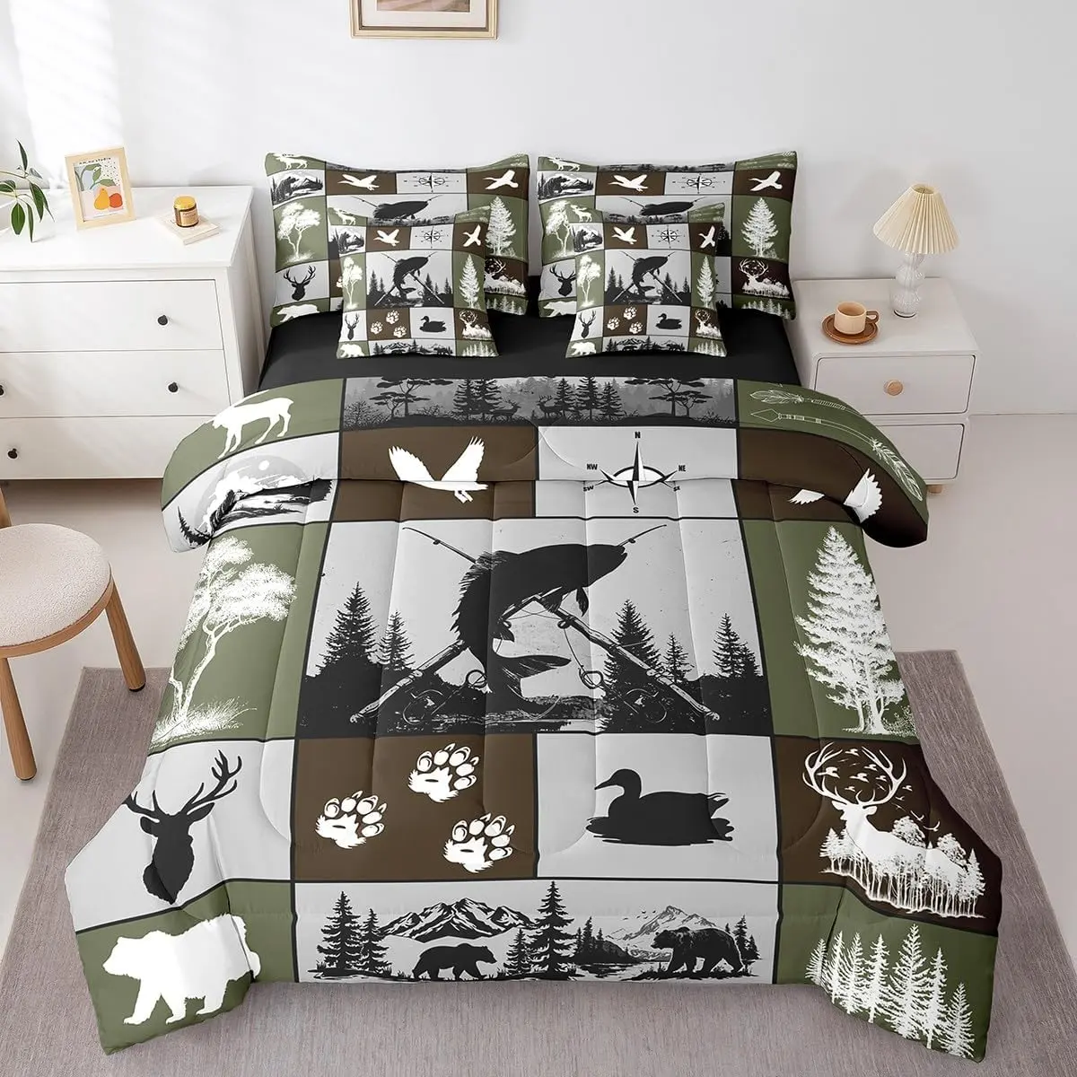 Big Pike Fish Hunting 7 Piece Bedding Set for Boys Teens Kids Duck Deer Hunter and Fishing Themed Comforter Set with Sheets Plaids Rustic Camping Bed in a Bag Home Decor