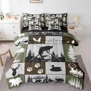 Big Pike Fish Hunting 7 Piece Bedding Set for Boys Teens Kids Duck Deer Hunter and Fishing Themed Comforter Set with Sheets Plaids Rustic Camping Bed in a Bag Home Decor