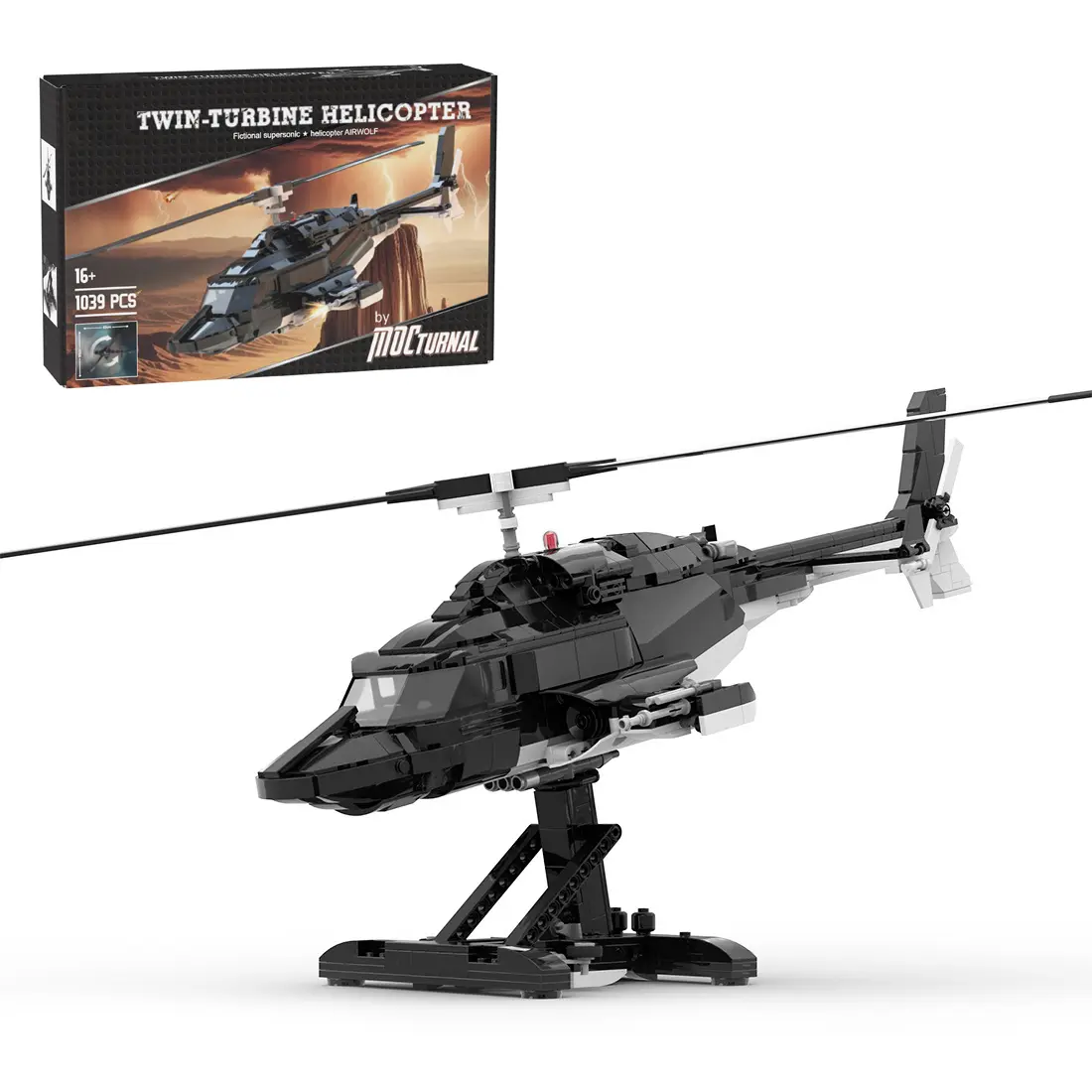 EngineDIY FLYWING FW450L Airwolf Military Helicopter MOC Building Kit, 1039 ABS Plastic Brick Pieces Model Aircraft with 35.8×26×6.8cm Display Stand, Assembly Toy for Collectors, Perfect Gift, Moc Blocks Set