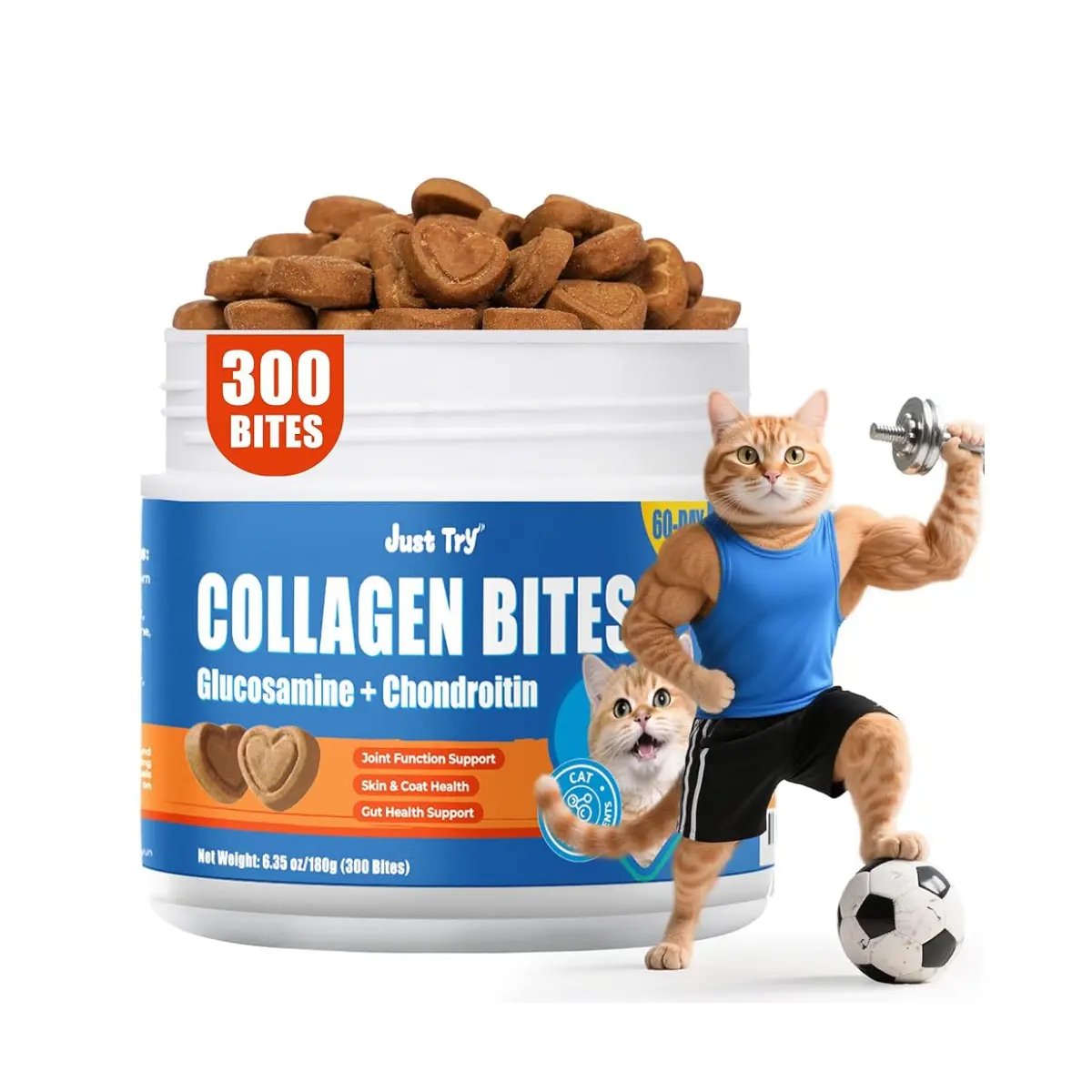 Just Try 300 Bites Cat Collagen Joint Soft Chews with Glucosamine & Chondroitin. Supports Joint Function, Skin & Coat Health, and Gut Health. Chicken flavor, cats' favorite