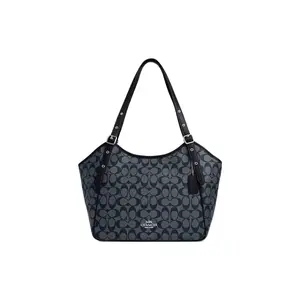 Coach Meadow 33 Tote Bag with Gold Logo and Classic Monogram, Large Capacity Zipper Closure in Canvas and Leather, Midnight Navy for Women