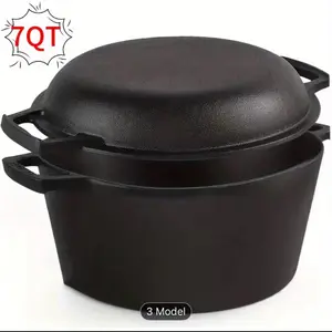 7QT Hand-built 2-in-1 Cast Iron Cookware Set (5.1QT Dutch Oven + 1.9QT Skillet) Dual-Purpose Holiday Cooking Kit For Stove, Induction, and Oven,