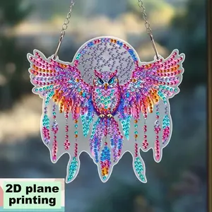 2D Acrylic DIY Diamond Painting Kit, Owl Dreamcatcher Art, Irregular Diamonds, Home Decor for Garden, Window, Porch, Room, Living Room, Office, Perfect Gift
