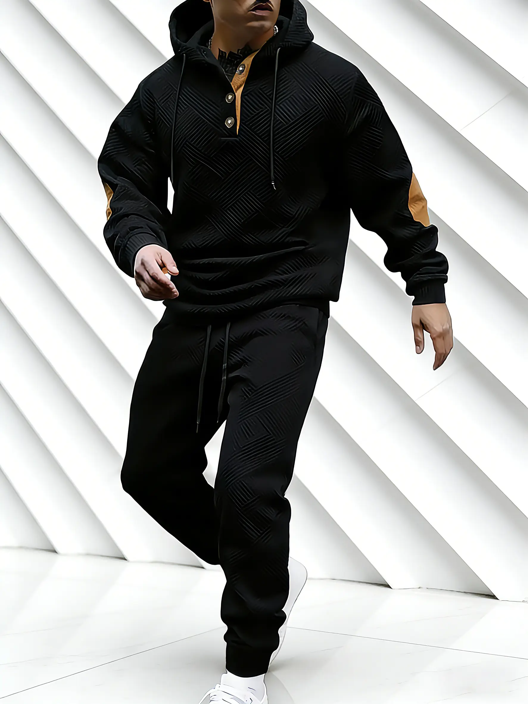 Men's Casual Fashion Set: Two-Piece Knitted Jacquard Hoodie and Pants