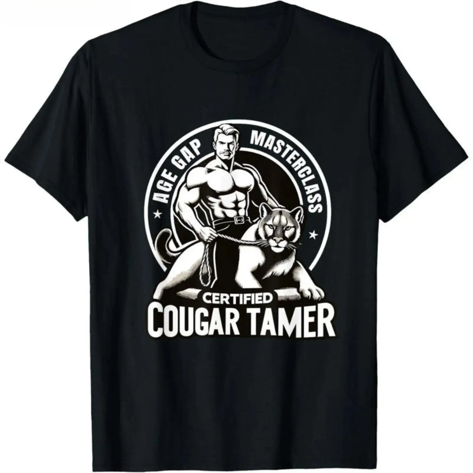 Unisex Cougar Tamer Graphic Sports T-Shirt, Short-Sleeve Crew Neck, Sarcasm on Display Conversation Spark Apparel, Relaxed Fit Casual Streetwear, Black/White, Up to 3XL
