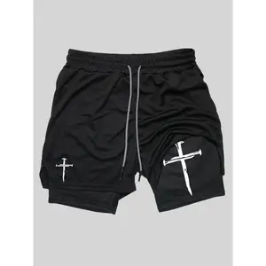 Men's Cross Print Drawstring Waist 2 in 1 Sports Shorts, Regular Fit Sporty Breathable Quick Drying Pocket Shorts, Summer Sports Bottoms for Gym Workout Running, Gym Clothing, Athletic Wear, Casual Sport Shorts, Comfy Breathable Shorts