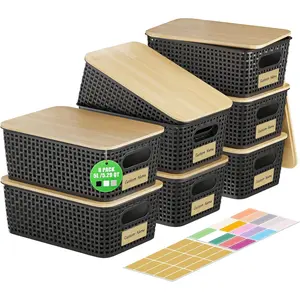 8 count Plastic Storage Bins with   and Labels 5.29qt Stackable Box Basket Pantry Decorative Containers, Small Storage Baskets for Desktop Organizing Shelves Bedrooms Cabinets 10*7.2*4.1"
