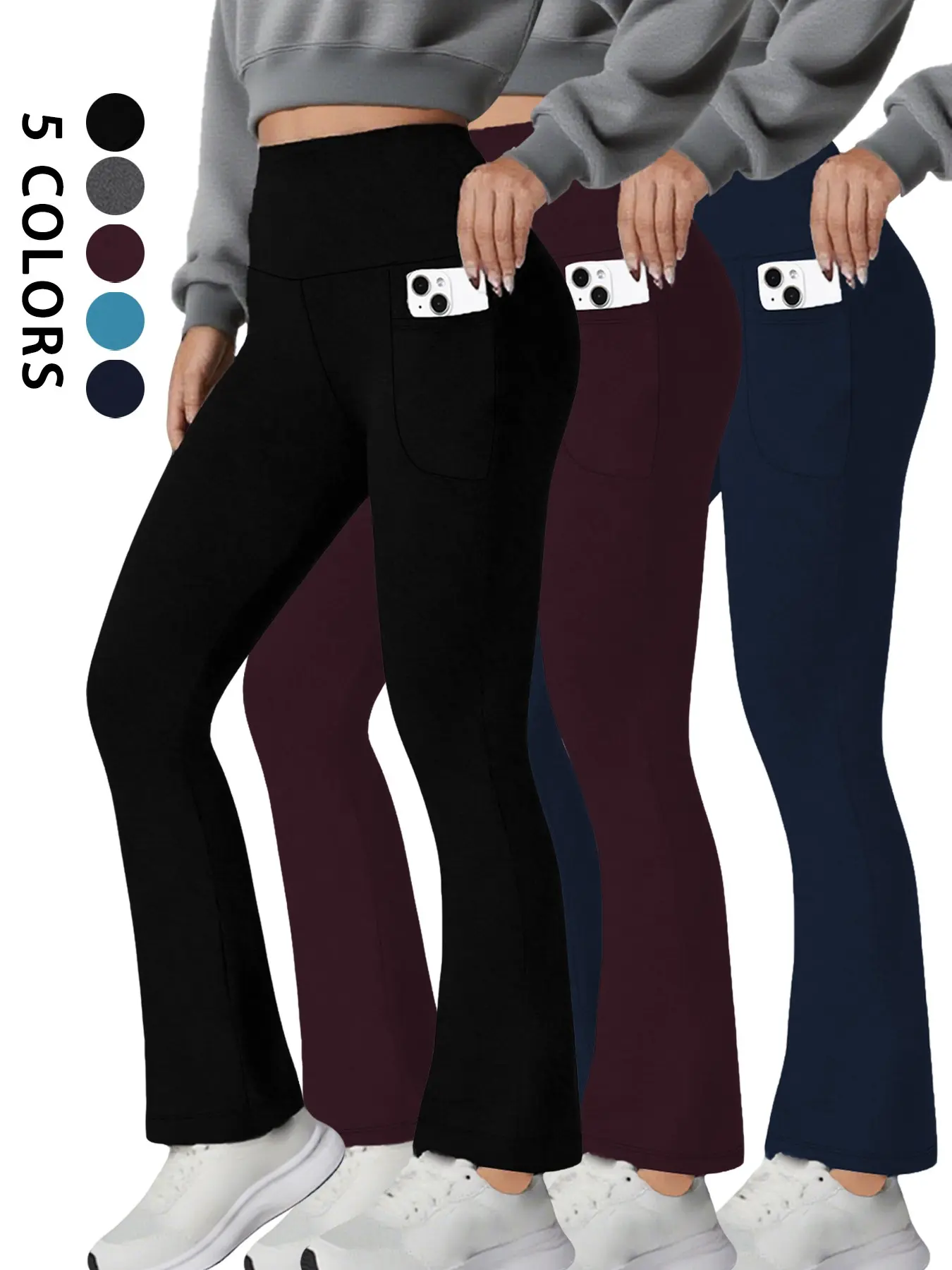 Women's Soft Flare Pants with Pockets, High Waisted Tummy Control Bell Bottoms, No See Through Workout Yoga Leggings, All Seasons Sporty Style, High Waist Activewear, High Waist Sportswear, High Waisted Athletic