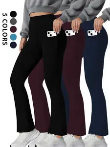 Women's Soft Flare Pants with Pockets, High Waisted Tummy Control Bell Bottoms, No See Through Workout Yoga Leggings, All Seasons Sporty Style