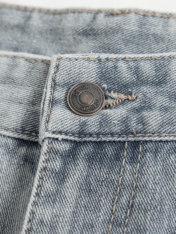 Men's retro washed loose straight jeans, casual four-season street style, zipper placket, solid color pattern, daily wear denim trousers