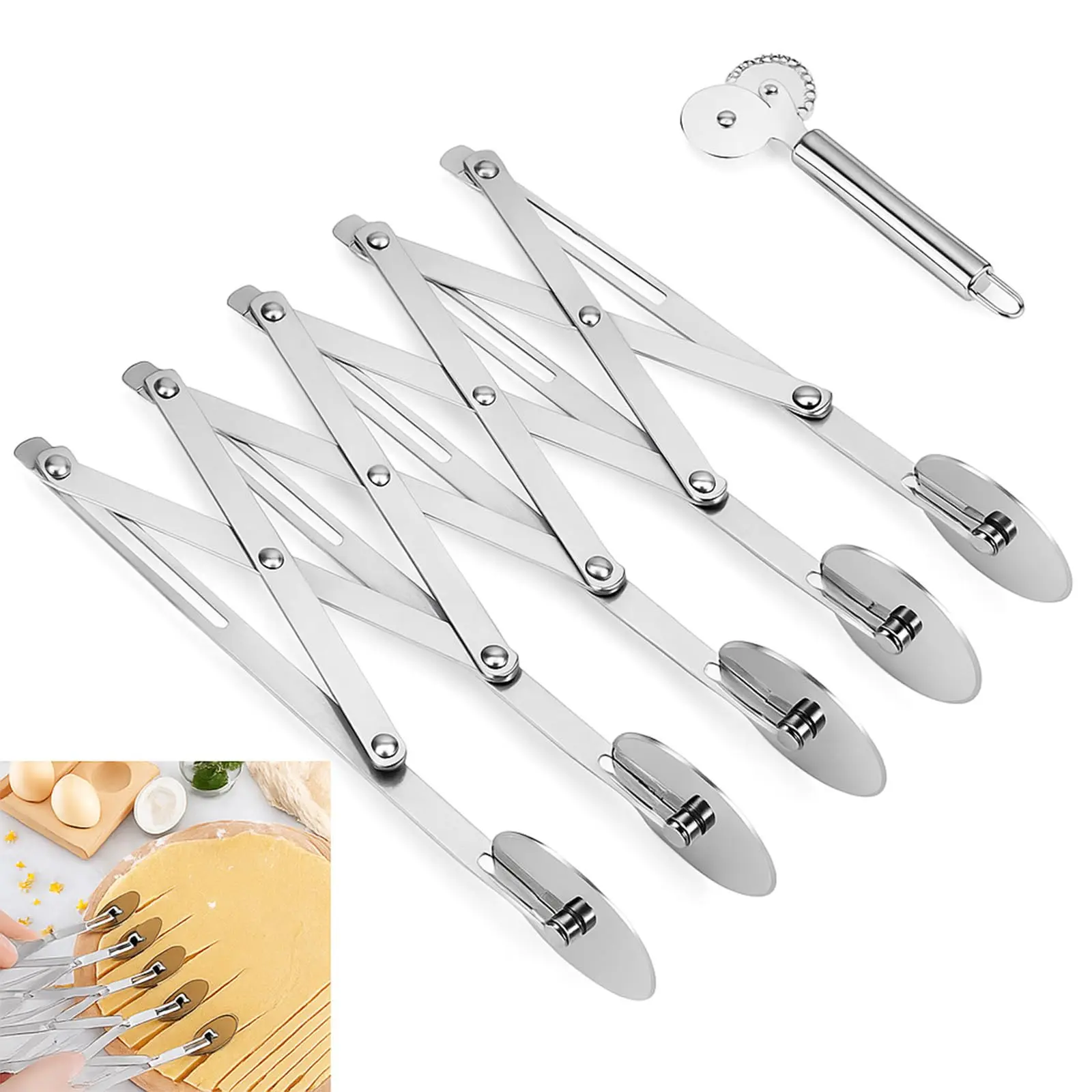 5-Wheel Expandable Pastry Cutter – Stainless Steel Multi-Blade Dough Divider for Pizza, Cookies, Ravioli, and Baking – Adjustable Professional Baking Tool