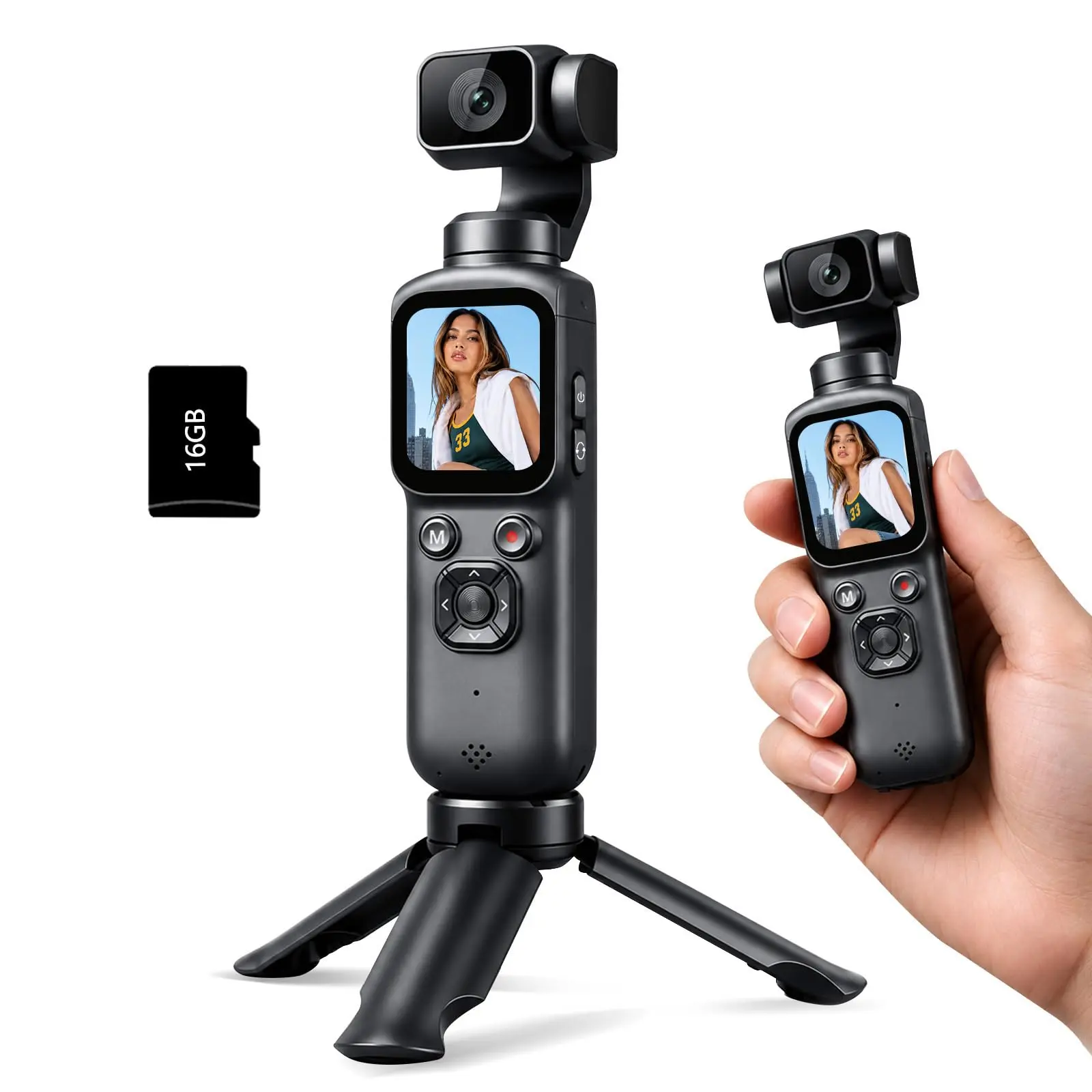 4K Vlogging Camera with 330° Gimbal Lens & 75MP Photo, WiFi Pocket Camera | Compact Vlog Camera for Beginners, 330 Degree Rotating Lens, Content Creator Kit with Tripod & 16GB Card