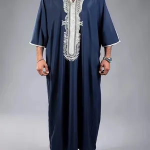 Moroccan Style Men's Robe Thobe, V-Neck Design, Middle Eastern Dubai Ethnic Long Robe, Daily/festival Wear, Floral Trim, Arabic Thobe, Loose Fit Jubba For Men