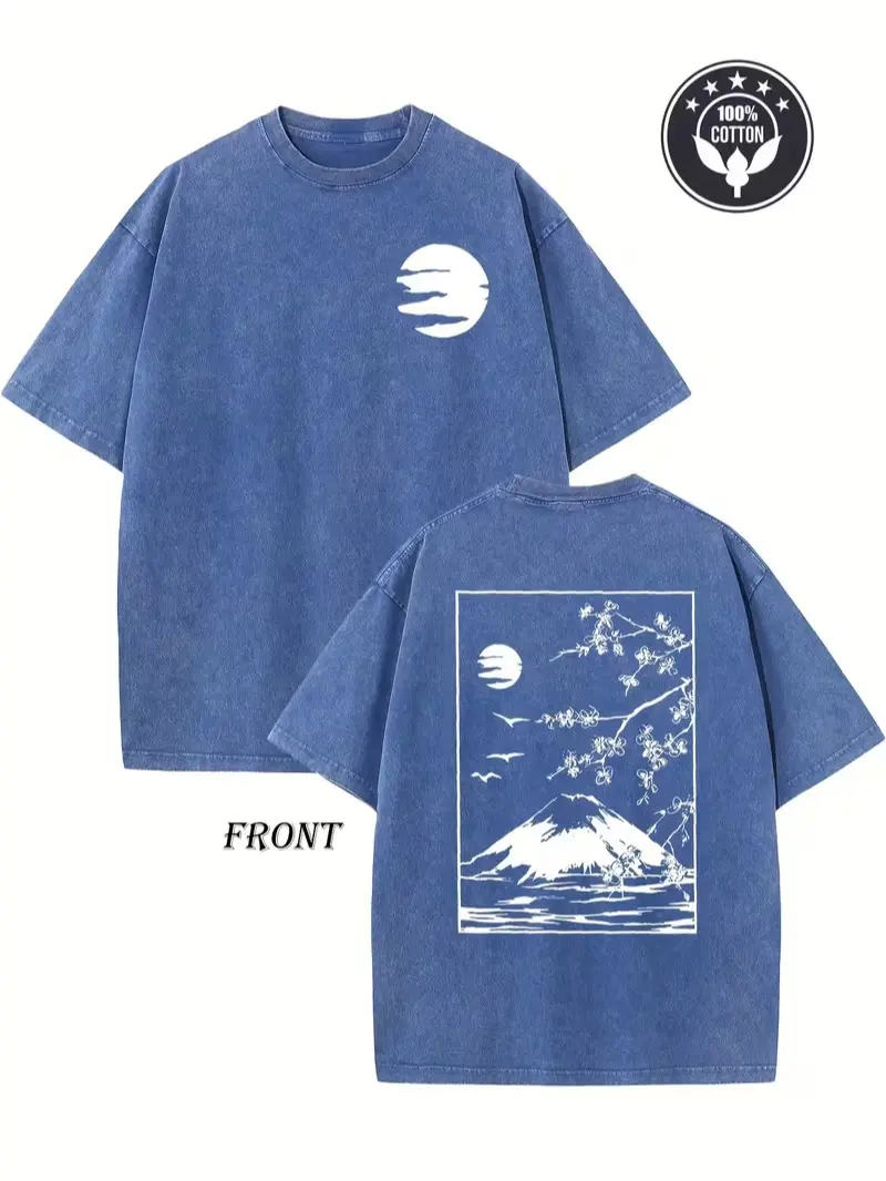 Vintage Mineral Wash Blue 100% Cotton Double Sided Japanese Fuji Mountain Cherry Blossom Moon Ukiyo-e Graphic T-Shirt, Minimal Japan Aesthetic Oversized Casual Top