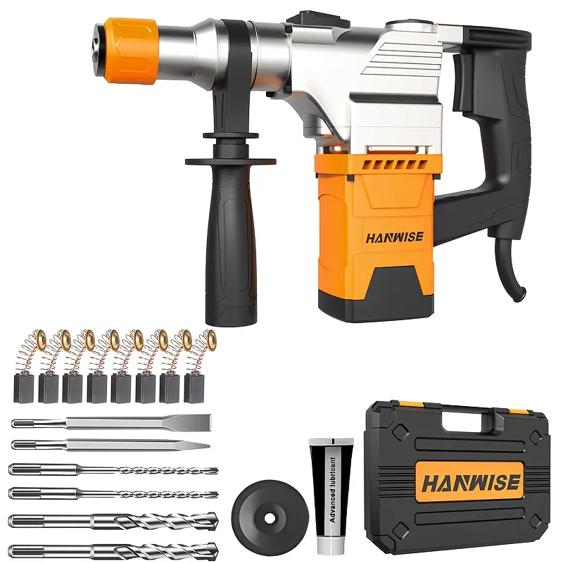 HANWISE Electric Hammer Drill Power Tool Kit - Wired Plug, Ergonomic Design, Impact-Resistant, Locking Feature, Handle-Equipped, Suitable for Concrete, Masonry, Ideal for DIY Enthusiasts, Power Drill