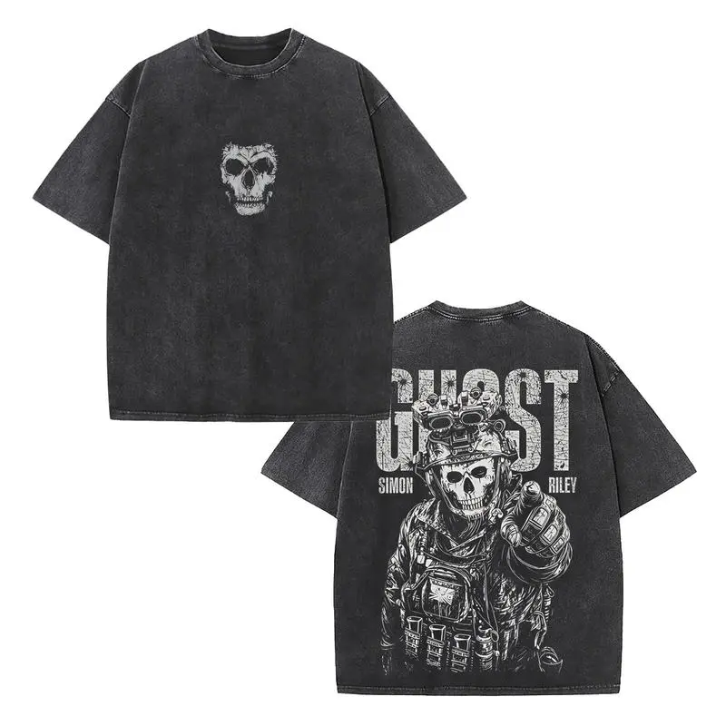 Retro COD Ghost Simon Riley Distressed Skull Mask Emblem Left Chest Print, Crackle Bullet Hole "GHOST" Large Font Tactical Ghost Pointing Pistol Full Portrait Back Graphic Dual-Sided Vintage Washed Black T-Shirt, Unisex Oversized Heavyweight Cotton Street