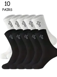 10 pairs of casual Aesthetic crew socks with cross patterns