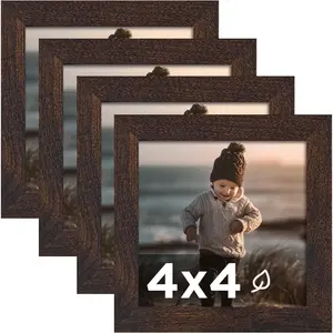 KINLINK 4x4 Picture Frame Brown Set of 4, Wooden Square Photo Frames with Plexiglass for 4x4 without Mat for Table and Wall Display