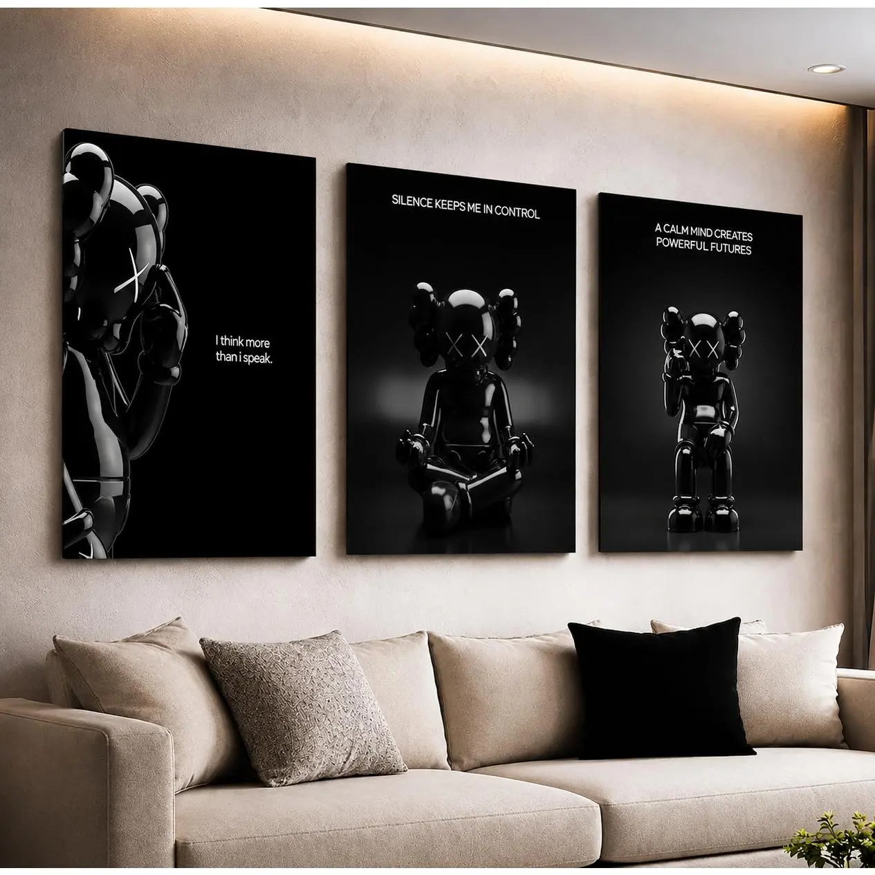 Black KAWS-Inspired Canvas Prints – Minimalist Hypebeast Wall Art for Modern Room Decor Black KAWS-Inspired Canvas Prints – Minimalist Hypebeast Wall Art for Modern Room Decor