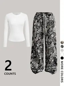 Women's Street Style Fitted Straight Leg Pants Set with Drawstring, Leaf Branch Print or Leopard Print, Long Sleeve 2 Piece Set, Spring Fall